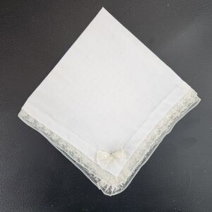 HANDMADE WHITE COTTON HANDKERCHIEF WITH CREAM LACE TRIM AND BOW